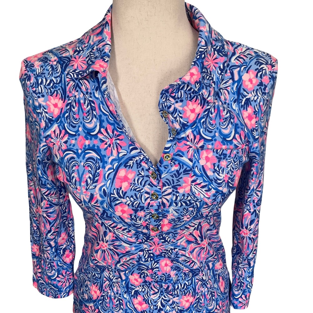 Lilly Pulitzer Dress Women XS Blue Pink Floral Reema Beach Vivid Cotton Modal - Picture 2 of 14